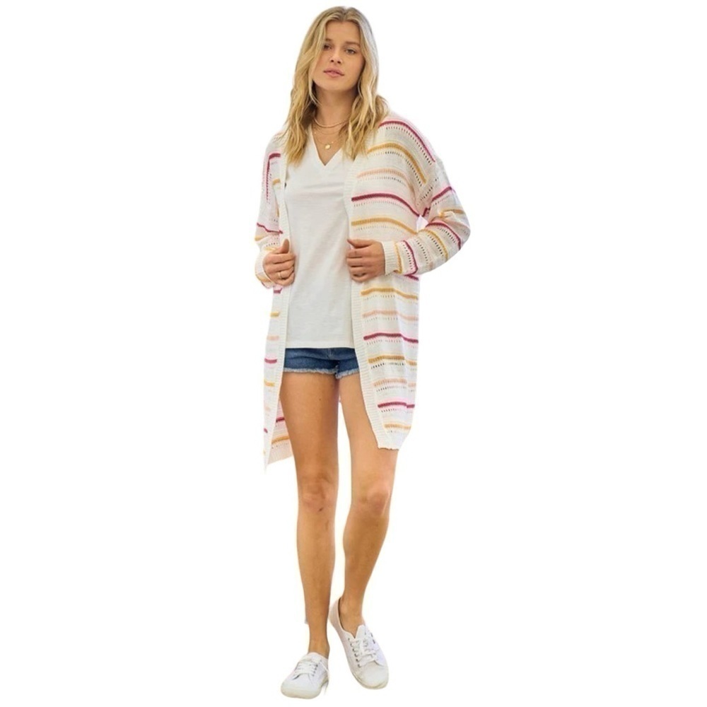BOHO COLORFUL STRIPED OPEN FRONT CARDIGAN - Picture 8 of 10